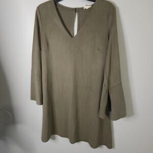 1.4.3. Story Faux Suede Mini Dress Taupe Split Bell Sleeve V-neck Size S